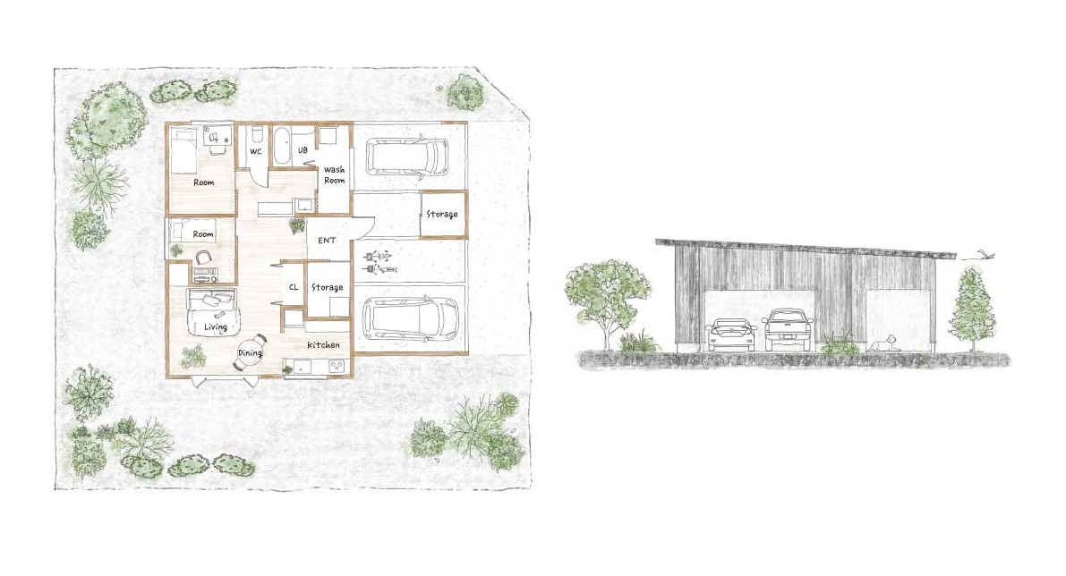 PLAN A　2つのビルトインガレージがある30坪の平屋