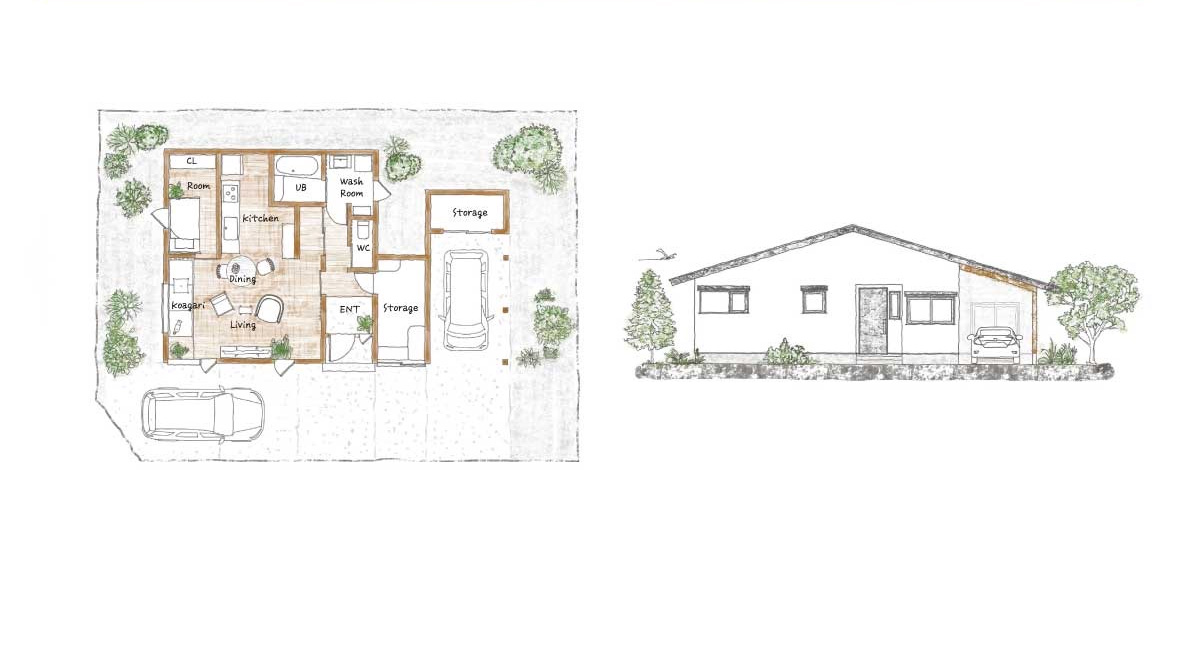 PLAN F　大きな三角屋根が暮らしを包み込む23坪の平屋